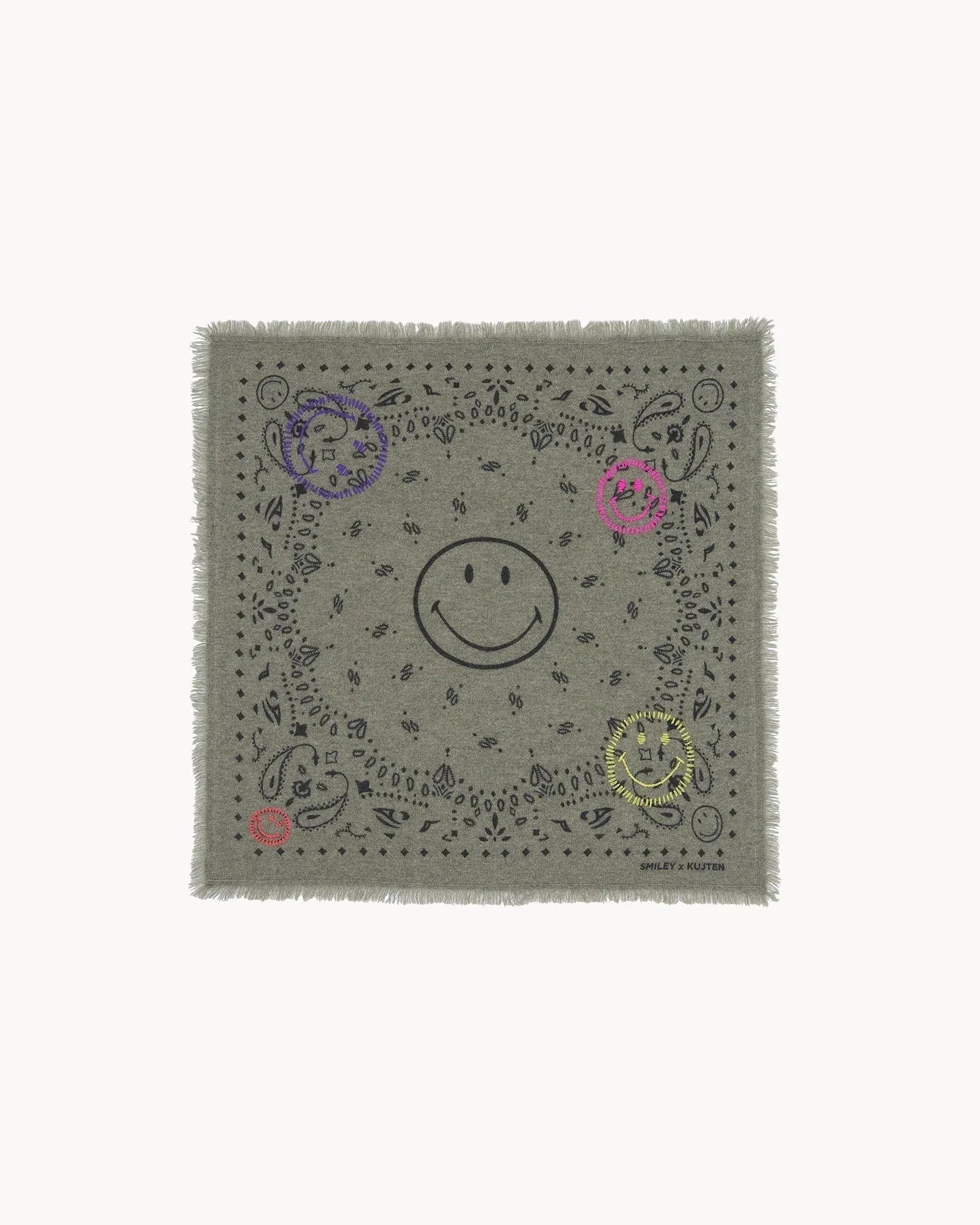 Küçük Bandana Hachi Smiley İşlemeli Marl Haki - Bandana
